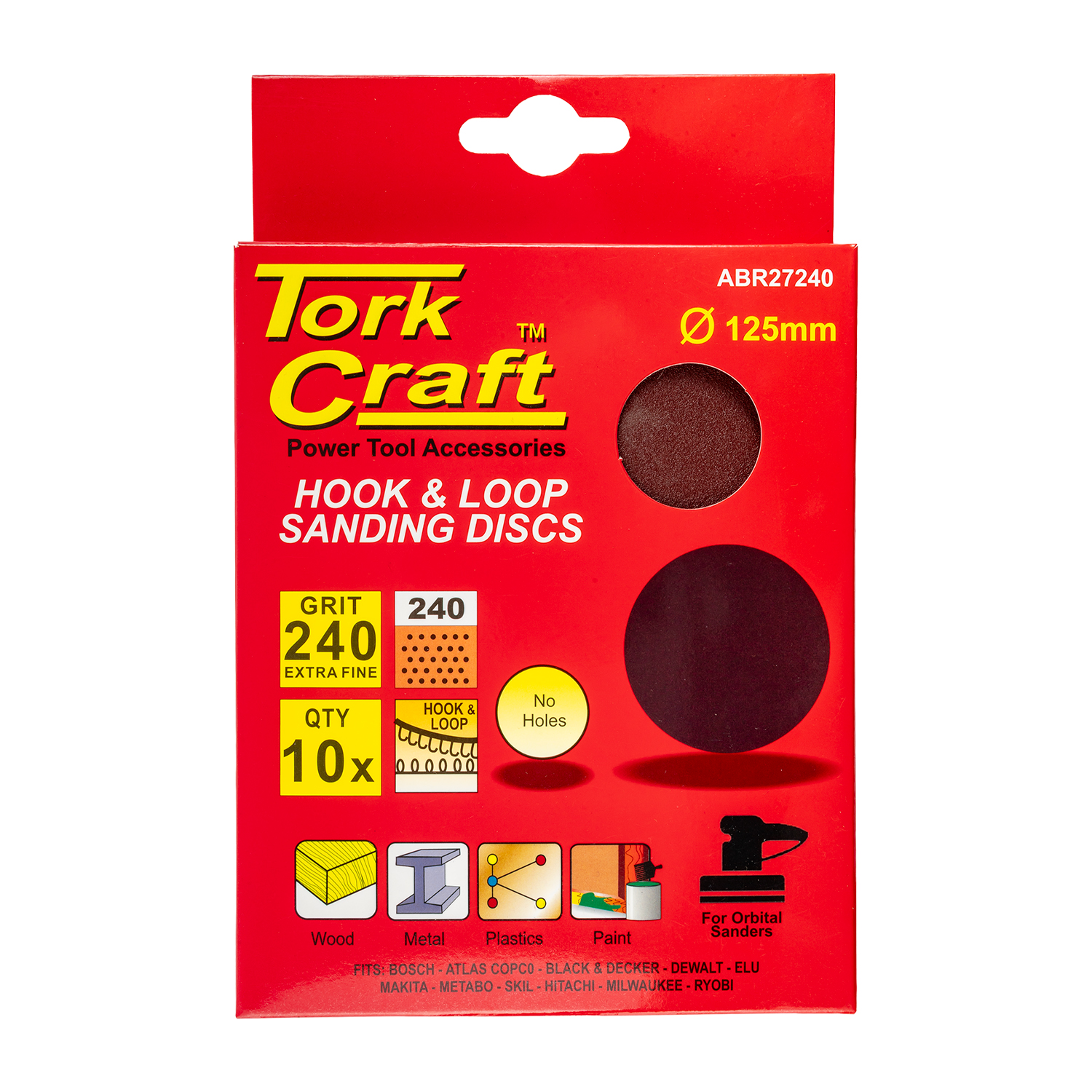 SANDING DISC 125MM NO HOLE 240 GRIT 10/PACK HOOK AND LOOP
