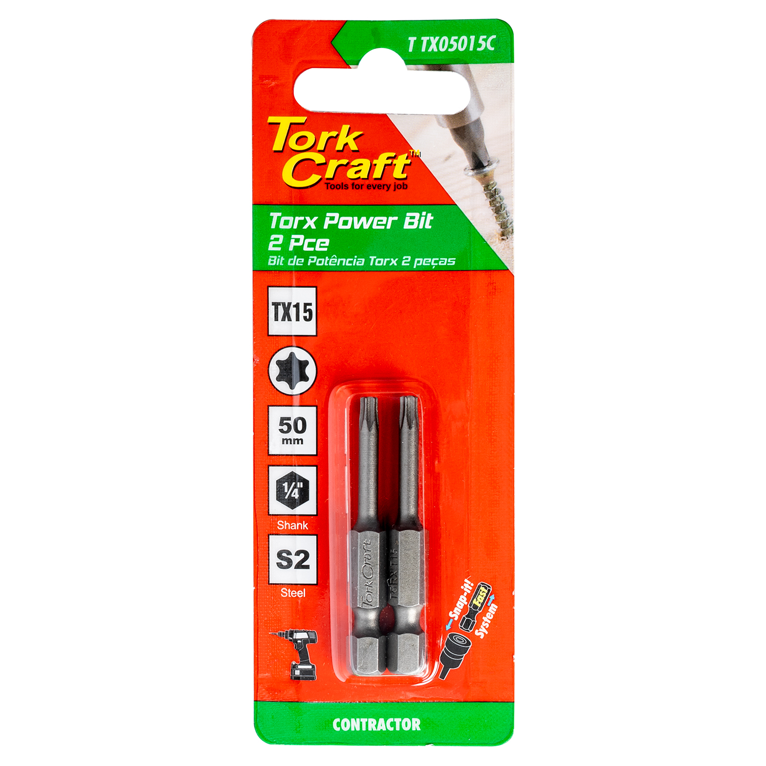 TORX TX 15 CLASSIC POWER BIT 50MM 2PC CARDED